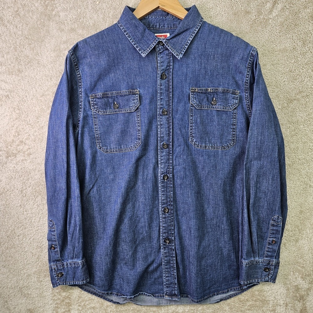 Wrangler Flex for Comfort Denim Shirt Mens L Western Cowboy‎ Chambray Button Up